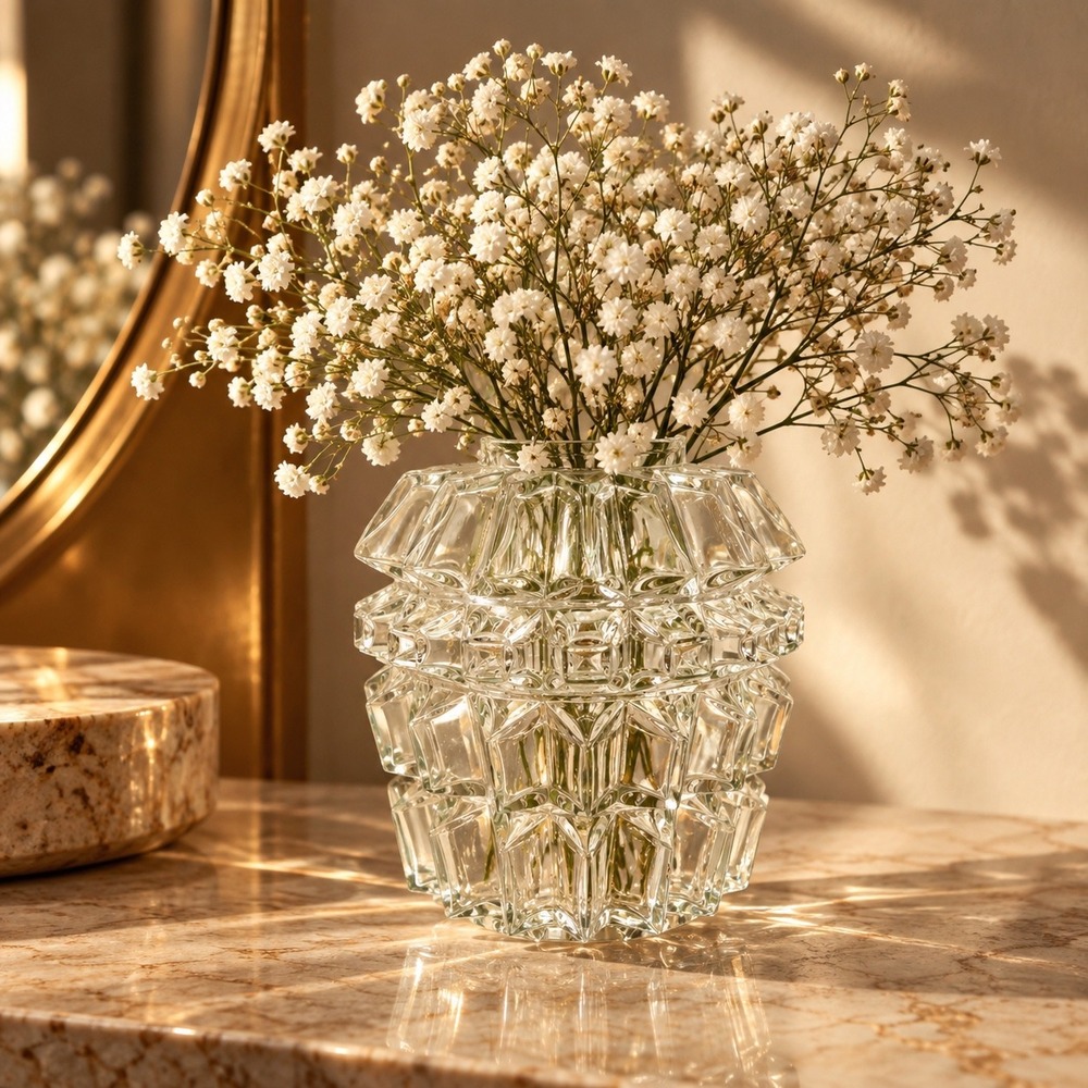 Vintage Clear Glass Brutalist Textured Faceted Geometric Bud Vase 6in MCM Decor